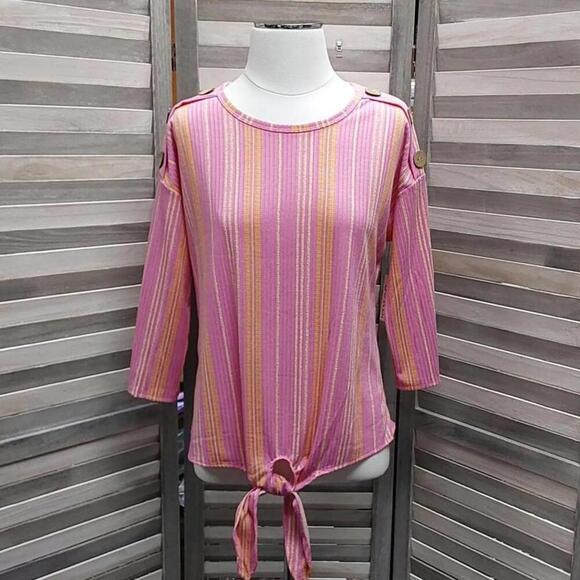 Womens 3/4 Sleeve Stripe Drop Shoulder Tie Front Top | Cure | Small - Picture 1 of 12